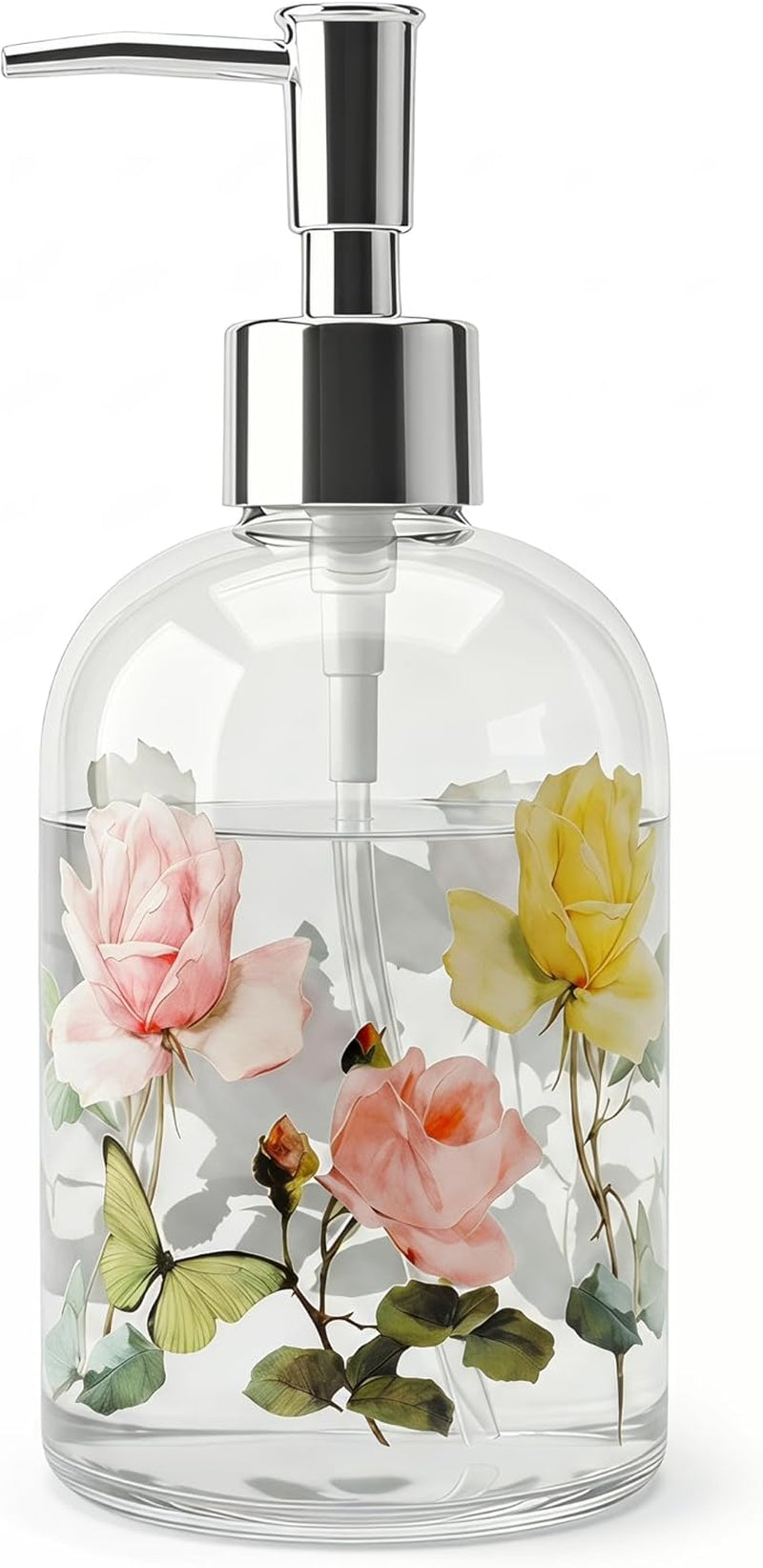 17Oz Glass Soap Dispenser with Pump, Hand Soap Dispenser | Refillable for Bathroom & Kitchen, Vintage Rose & Butterfly Floral Design, Decorative Farmhouse Countertop Decor