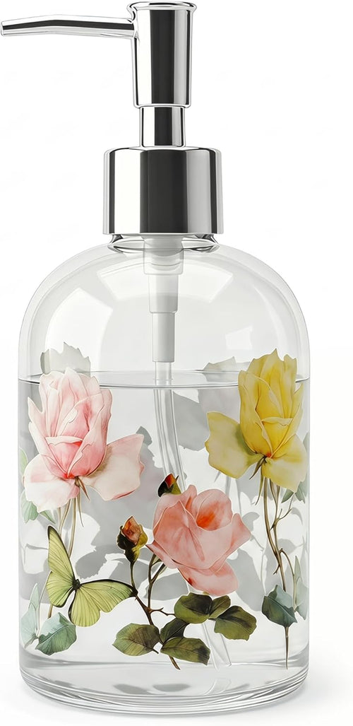 17Oz Glass Soap Dispenser with Pump, Hand Soap Dispenser | Refillable for Bathroom & Kitchen, Vintage Rose & Butterfly Floral Design, Decorative Farmhouse Countertop Decor