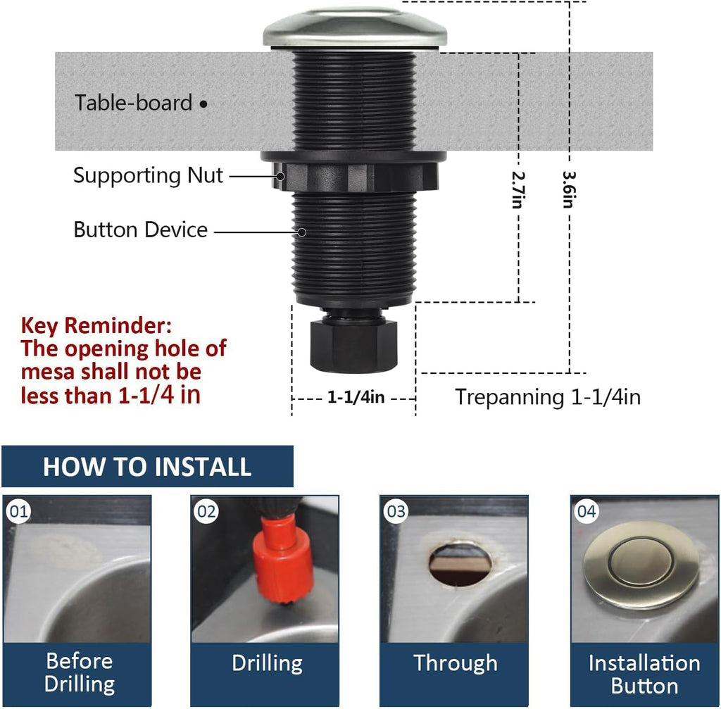 Garbage Disposal Air Switch Kit Sink Top Waste Disposal Long Stainless Steel Brushed Nickel On/Off Air Button Food and Waste Disposals Part by