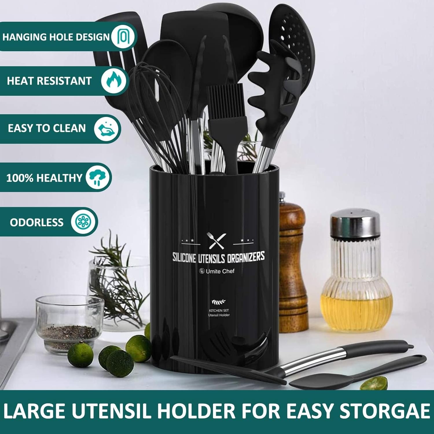 Silicone Cooking Utensil Set,  15Pcs Silicone Cooking Kitchen Utensils Set, Non-Stick - Best Kitchen Cookware with Stainless Steel Handle - Black Kitchen Utensils