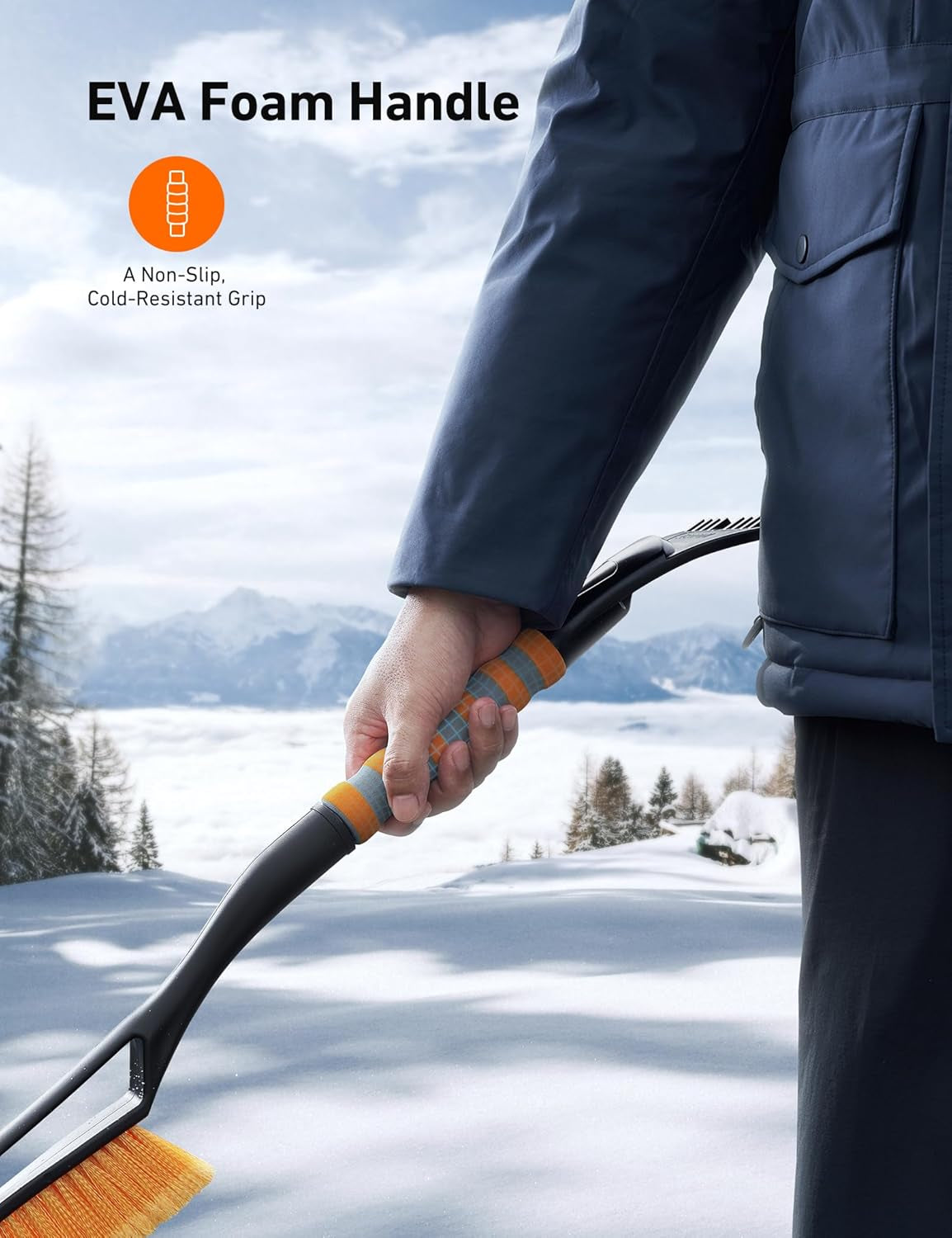 27" 2-In-1 Detachable Snow Brush & Ice Scrapers for Car Windshield | Snow Removers with No-Scratch Bristles, Ergonomic Handles & Easy Storage, Winter Accessories for Cars, Suvs, Trucks (Orange)