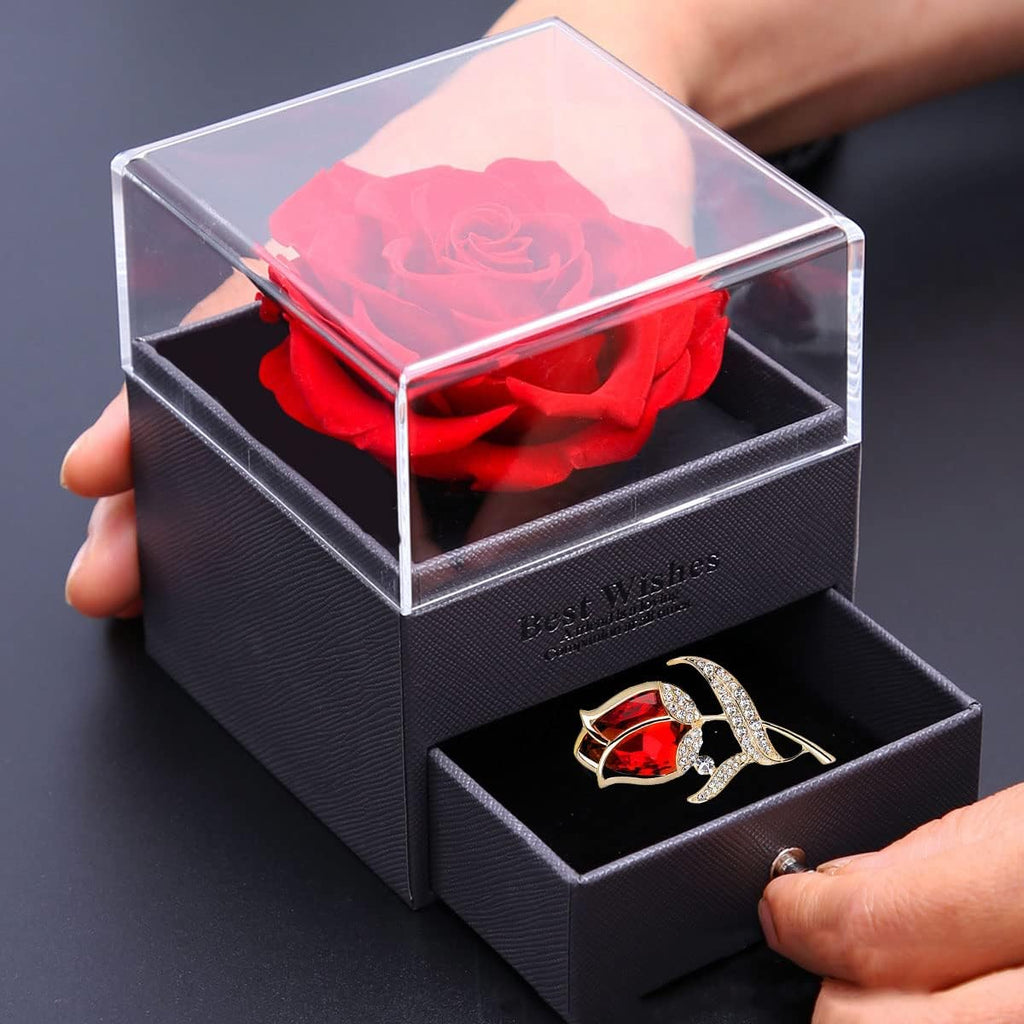 Preserved Red Rose Gift Box- Enchanted Real Roses with Ruby Brooch, Eternal Rose Flower in Jewelry Box, Handmade Rose,Forever Red Rose Gift for Her on Christmas Mother'S Day, Anniversary.