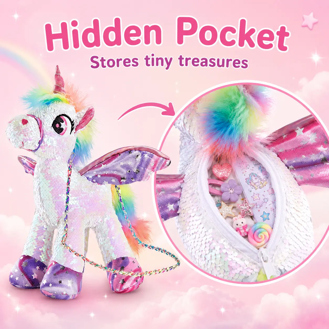 WEWILL 15" Sequin Unicorn Stuffed Animal Toy, Reversible Rainbow Sequin Plush with Hidden Pocket and Crossbody Strap, Gift for Girls