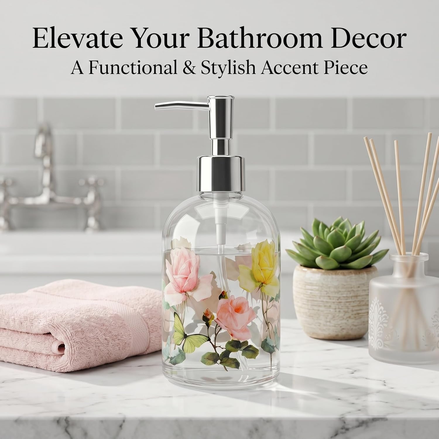 17Oz Glass Soap Dispenser with Pump, Hand Soap Dispenser | Refillable for Bathroom & Kitchen, Vintage Rose & Butterfly Floral Design, Decorative Farmhouse Countertop Decor