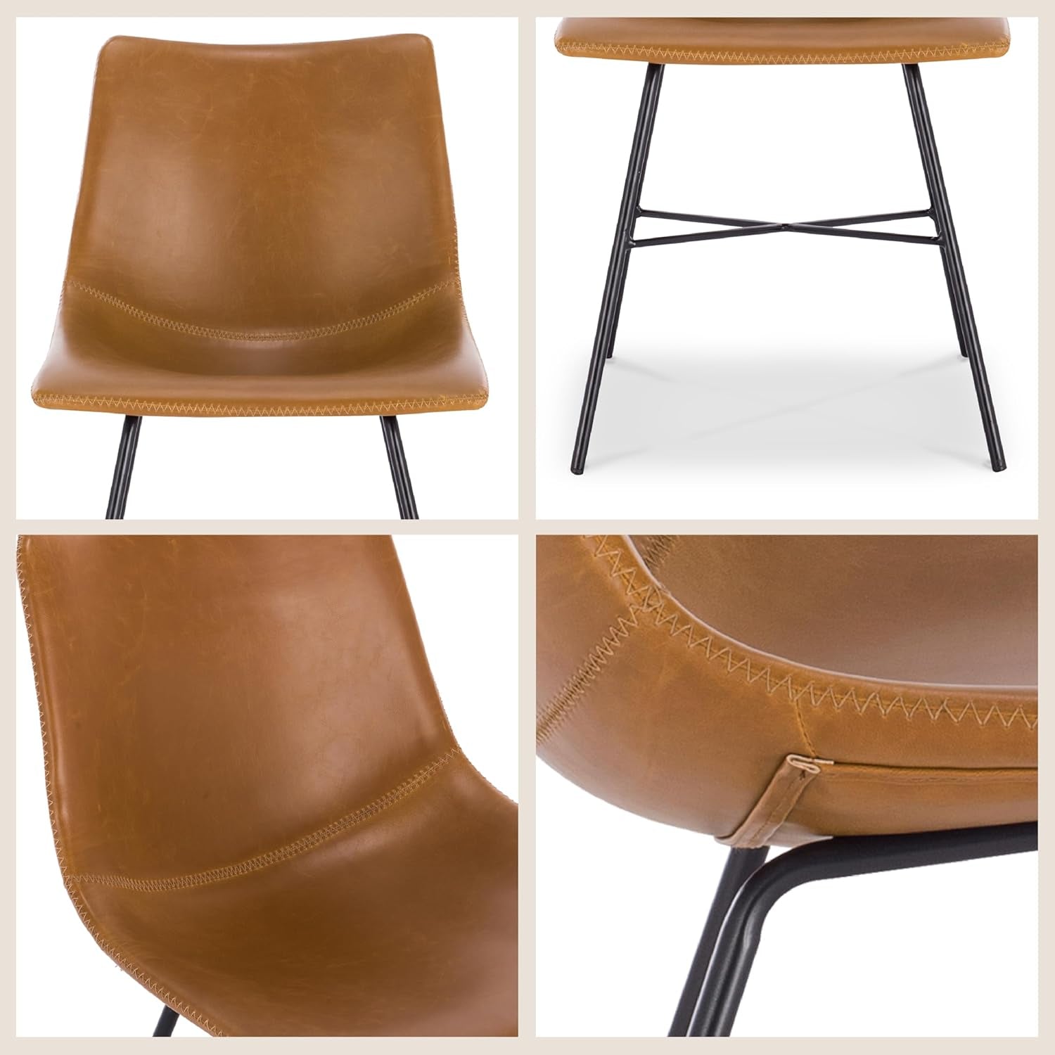 POLY & BARK Paxton Leather Dining Chairs – Set of 2 Modern Dining Room Chairs with Low Back – Faux Leather Upholstery and Matte Black Steel Base – Comfortable Seating for Stylish Interiors – Tan