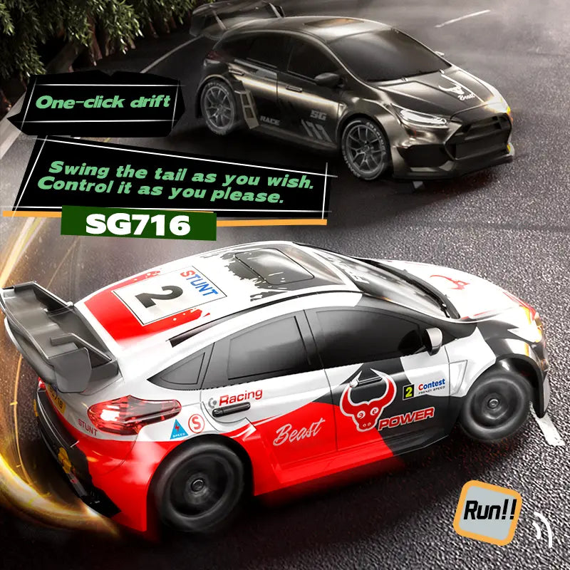 SG716 Unisex 2.4Ghz 4WD RC Controlled Drift Car Toy - Adjustable Speed, LED Lights, Extra Tires, Obstacle Accessories, Built-In Batteries, Nitrosamine Free - RC Hobby Gift for 3-4 Years Old Kids