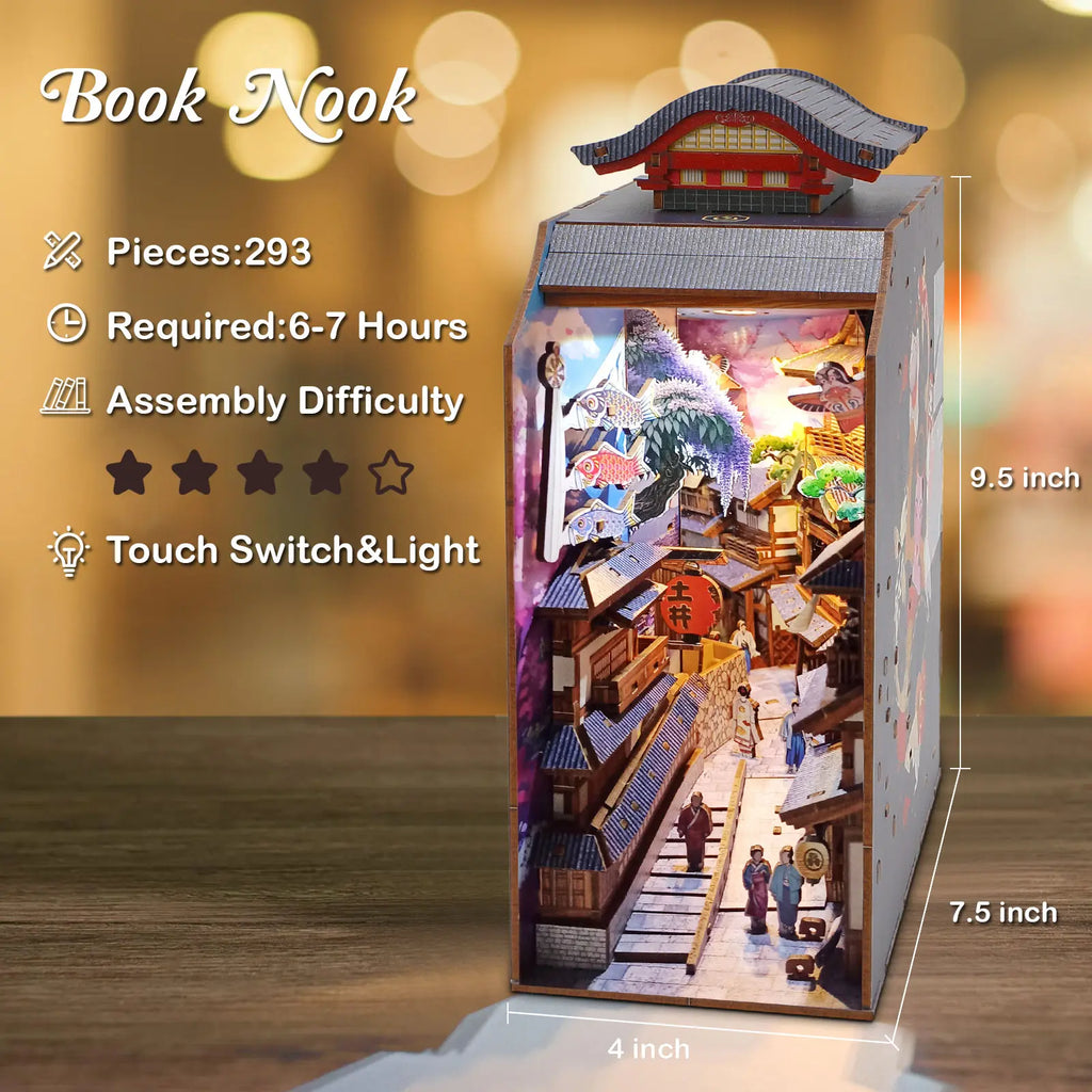 Edo Sakura Journey 3D Wooden Book Nook DIY Kit with LED Lights, High-Quality Pre-Cut Wooden Pieces, Cherry Blossom Bookshelf Insert & Bookend Decoration, Japanese-Inspired House Decor, Collectible for 12+ Years, Birthday Gift (Requires Batteries)