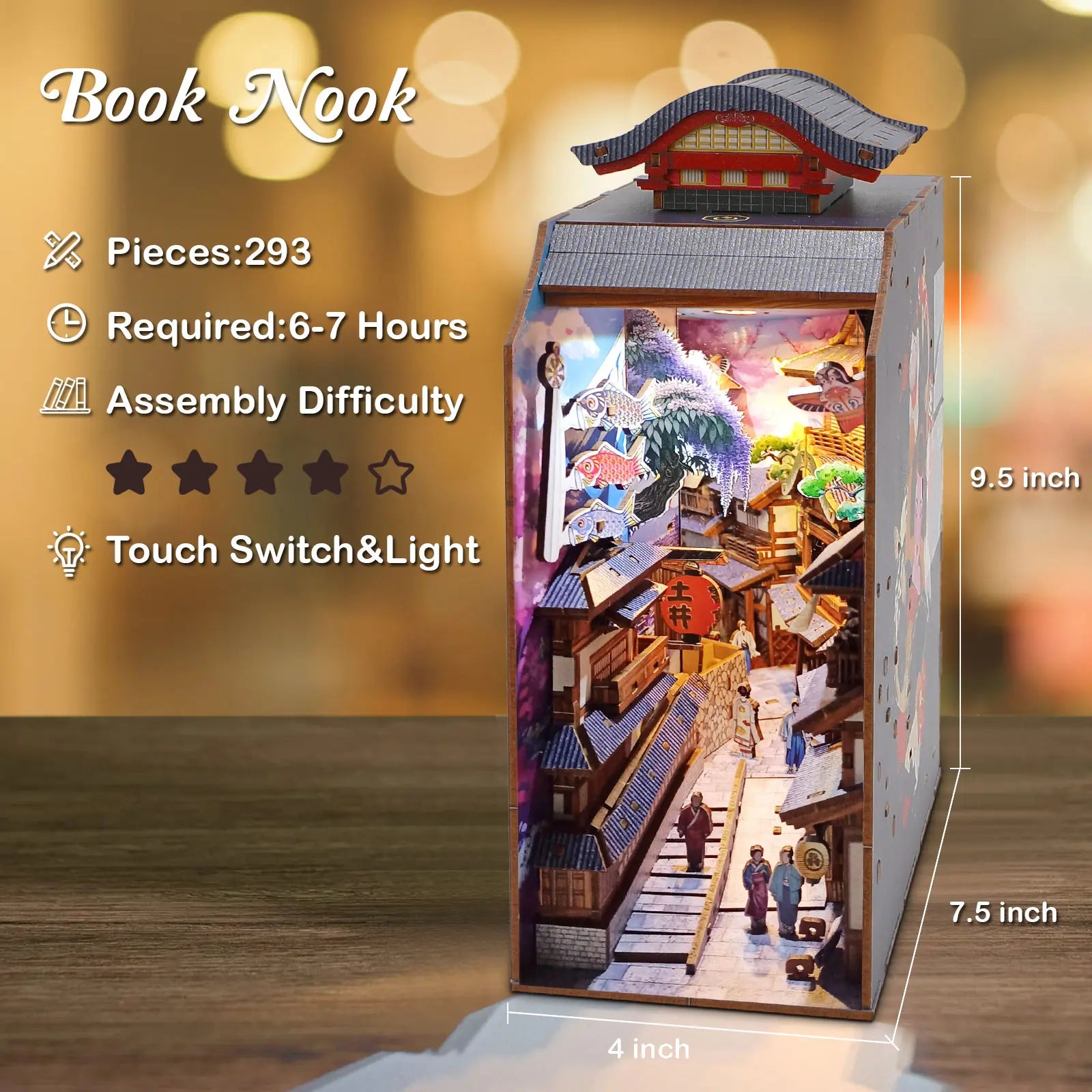 Edo Sakura Journey 3D Wooden Book Nook DIY Kit with LED Lights, High-Quality Pre-Cut Wooden Pieces, Cherry Blossom Bookshelf Insert & Bookend Decoration, Japanese-Inspired House Decor, Collectible for 12+ Years, Birthday Gift (Requires Batteries)