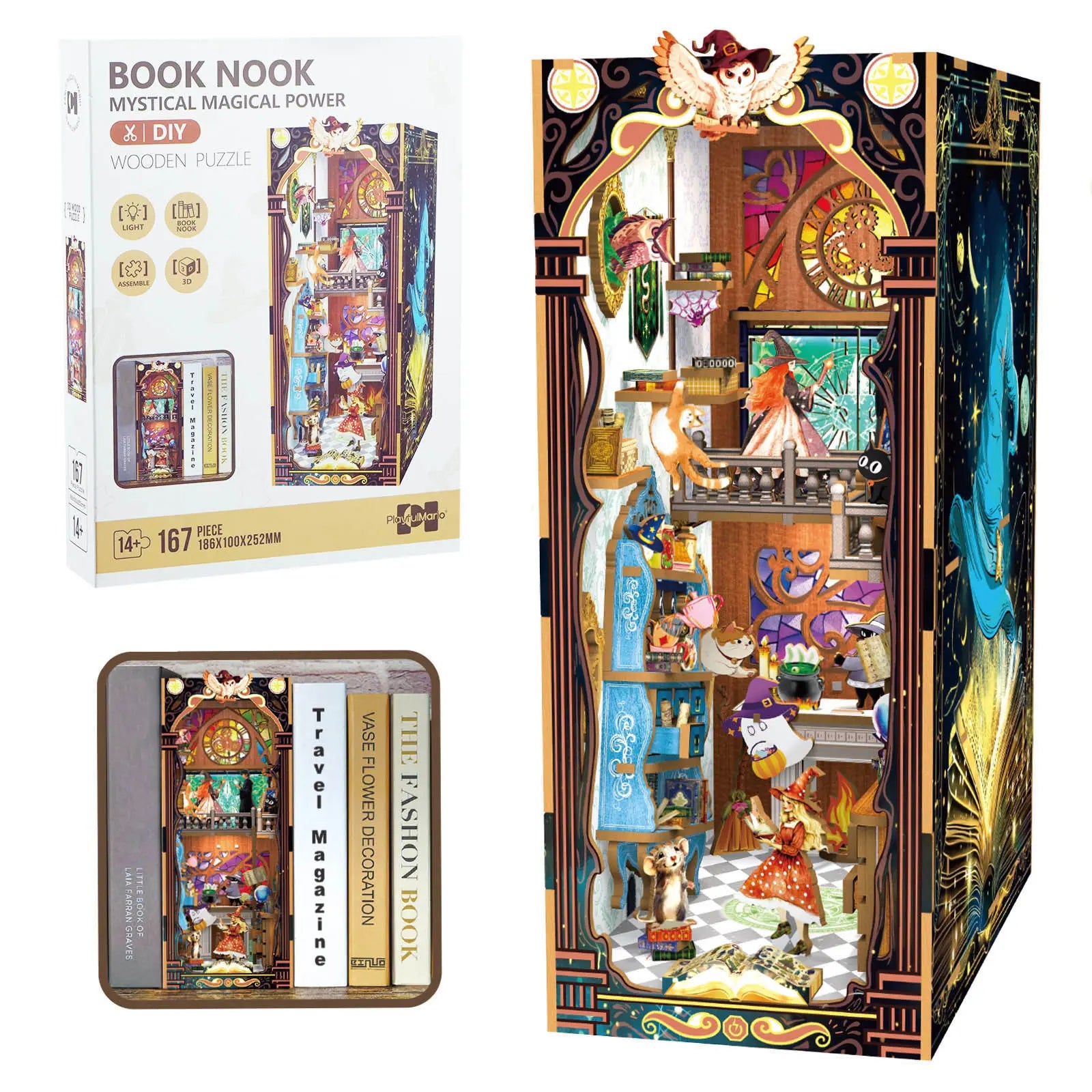 Edo Sakura Journey 3D Wooden Book Nook DIY Kit with LED Lights, High-Quality Pre-Cut Wooden Pieces, Cherry Blossom Bookshelf Insert & Bookend Decoration, Japanese-Inspired House Decor, Collectible for 12+ Years, Birthday Gift (Requires Batteries)