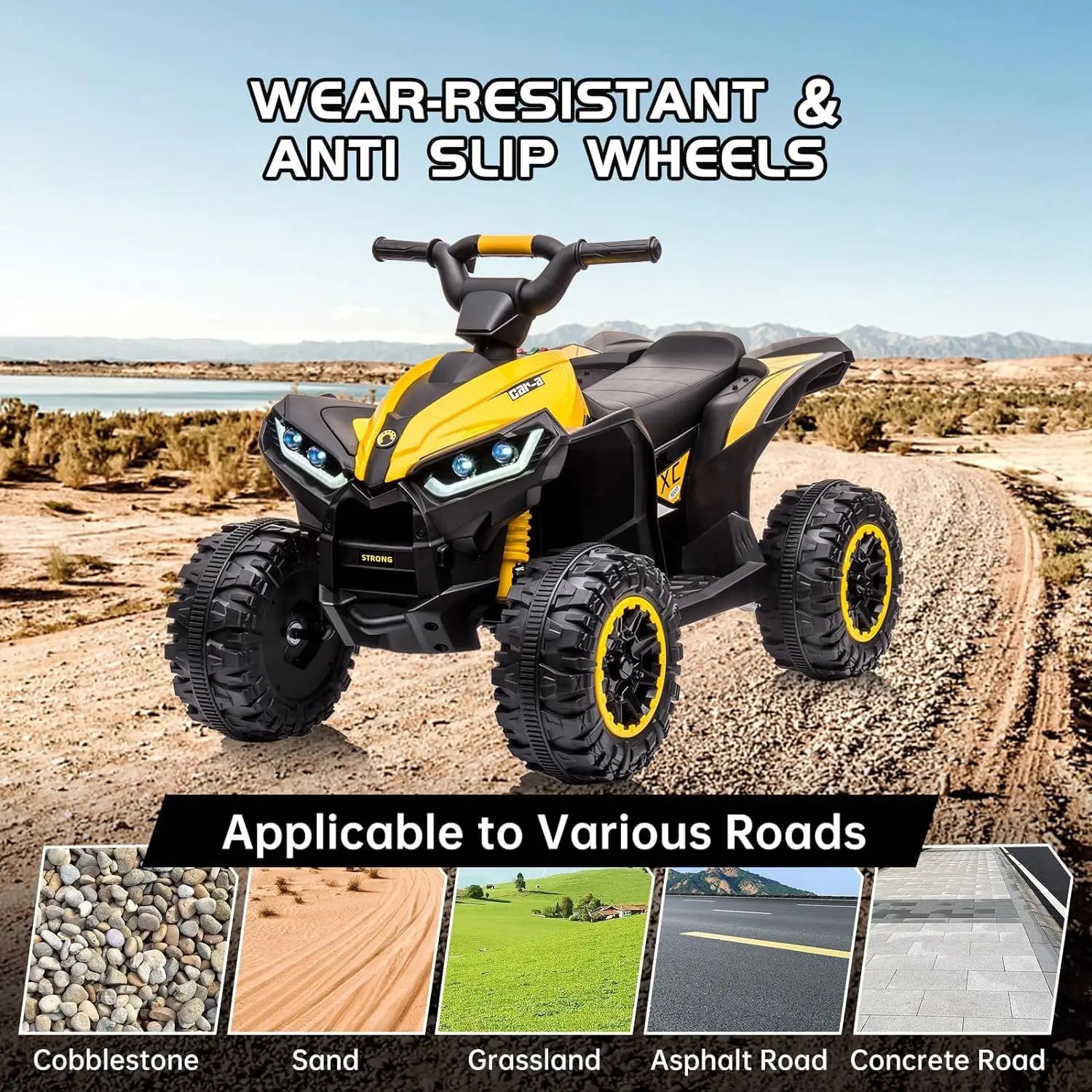 12V Kids Ride on ATV, Electric Battery-Powered Four-Wheeler with Music, Led Lights, Soft Start, USB Port, Treaded Tires, and Adjustable Speed Modes – Ideal for Boys and Girls,Yellow