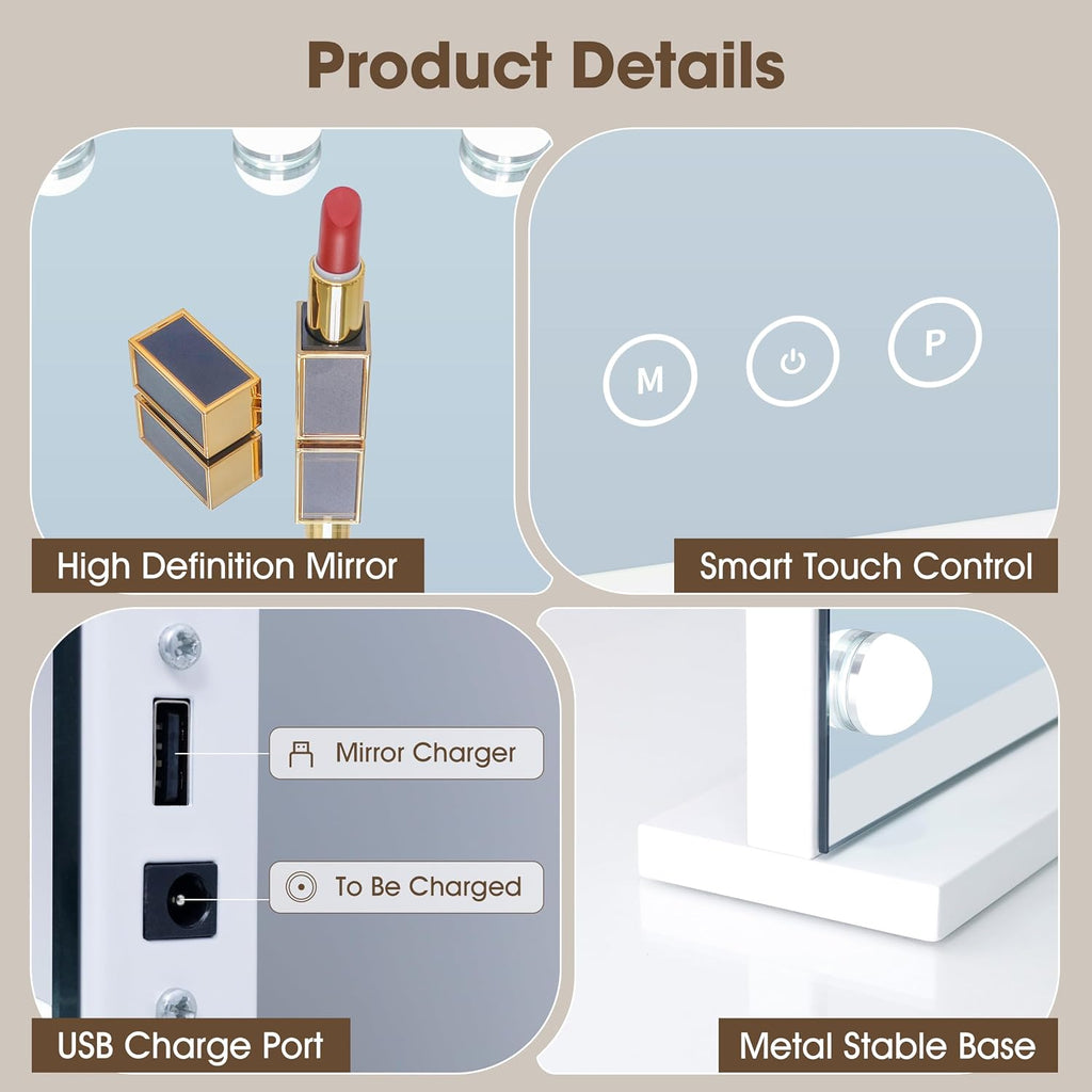 Vanity Mirror with Lights,Makeup Mirror with 17 Dimmable LED Bulbs, 3 Color Lighting Modes Detachable 10X Magnification Mirror Touch Control, 23.6X19,7 Inch, White