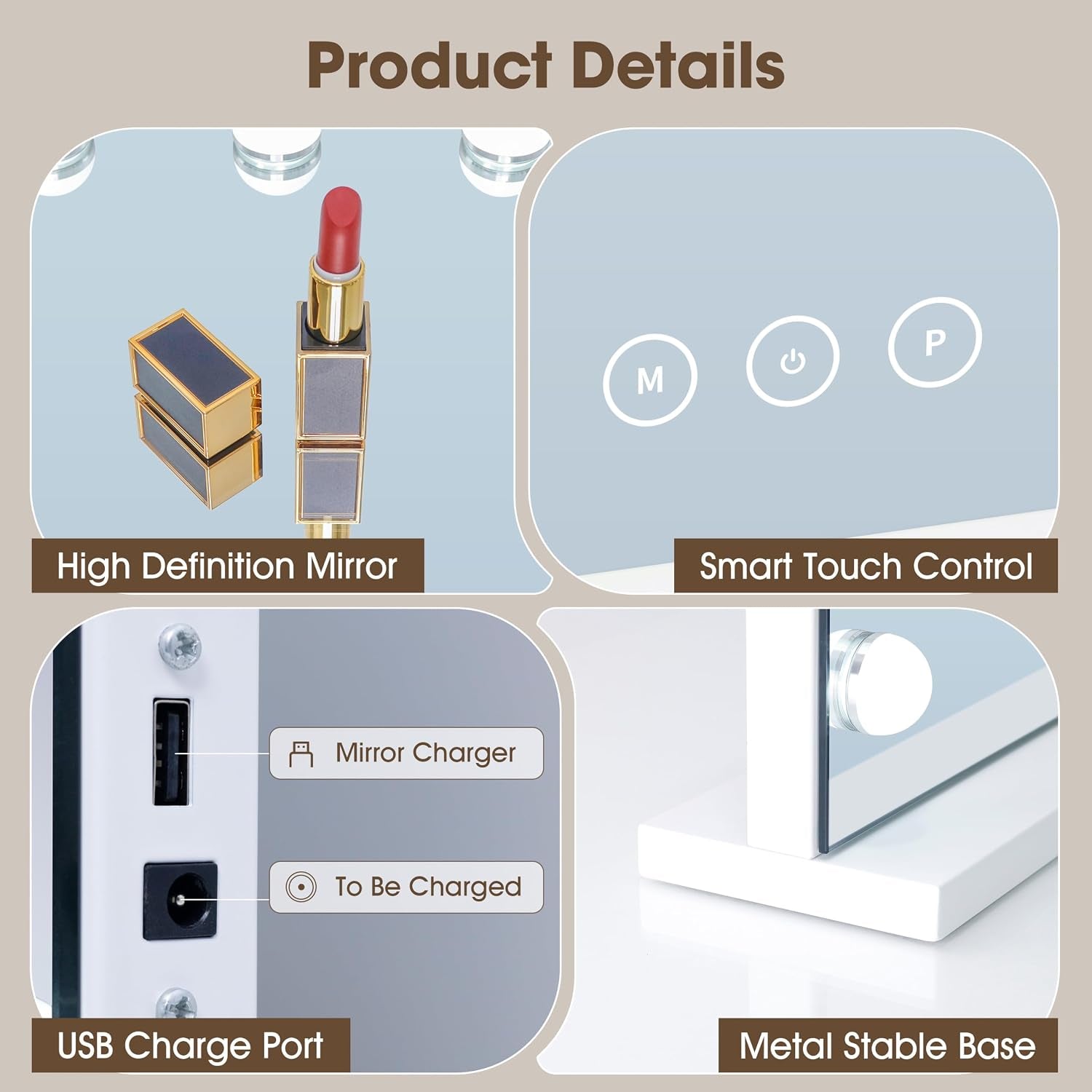 Vanity Mirror with Lights,Makeup Mirror with 17 Dimmable LED Bulbs, 3 Color Lighting Modes Detachable 10X Magnification Mirror Touch Control, 23.6X19,7 Inch, White