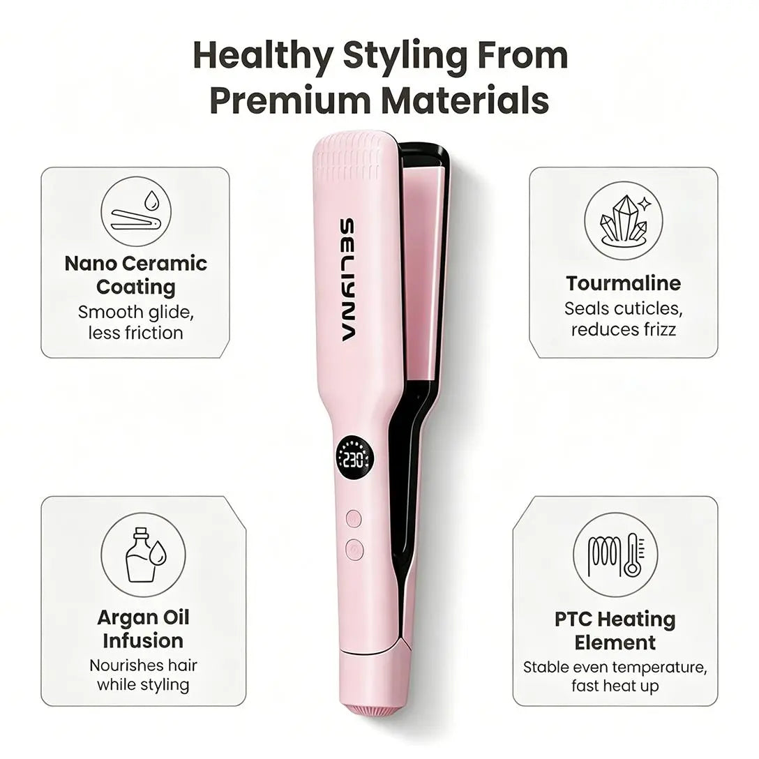 SELIYNA Ionic Hair Straightener, 2-In-1 Wide Plate Flat Iron for Straightening and Curling, Anti-Frizz Styling Tool for All Hair Types, LED Display, Dual Voltage