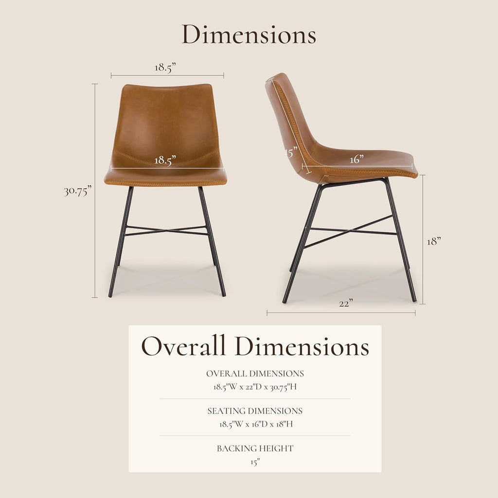POLY & BARK Paxton Leather Dining Chairs – Set of 2 Modern Dining Room Chairs with Low Back – Faux Leather Upholstery and Matte Black Steel Base – Comfortable Seating for Stylish Interiors – Tan