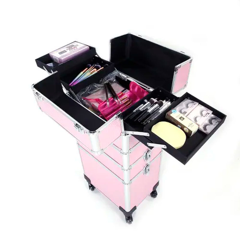 Omysalon 4-In-1 Rolling Makeup Train Case - Travel Cosmetic Bag, Makeup Storage Bag, Lift Handle, 4 Removable Lockable Wheels with Keys, Aluminum Trolley Organizer for Beauty Professionals, Ideal Xmas/New Year Gift
