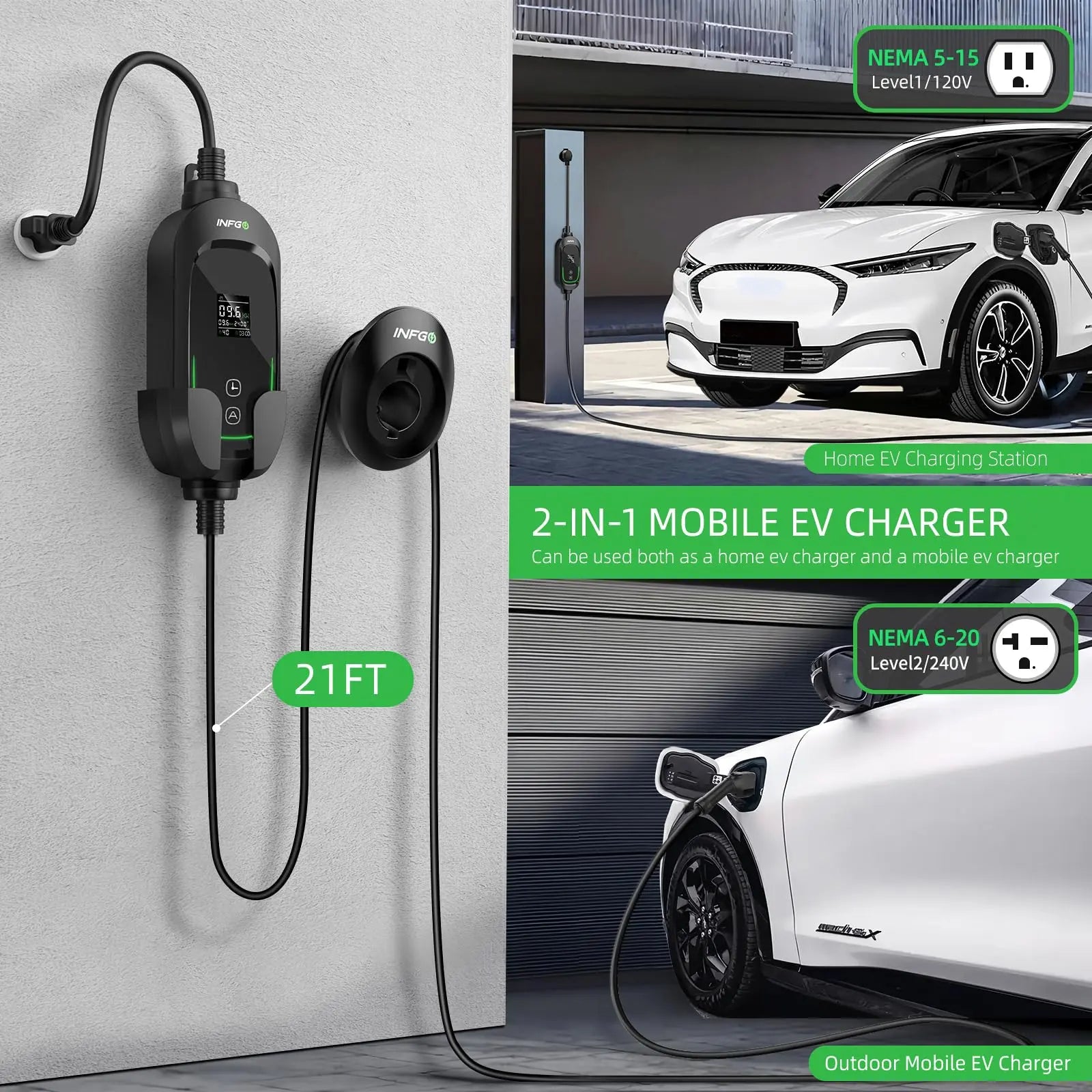 Portable Level 2 EV Charger - 40Amp Car Gadgets, 240V 9.6Kw High Efficiency Heavy Duty Fastcharging Vehicle Battery Charger, Adjustable Current, Timing Delay, NEMA 14-50 Plug, 25FT Cable for J1772 Bevs/Phevs