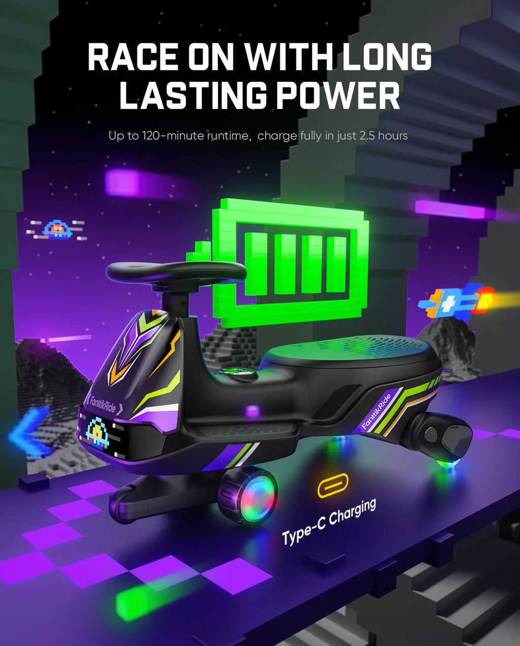 Fanttikride N10 Ultra+ Electric Wiggle Car, Pixel Headlight, App Control, Ultra-Quiet, USB-C Charging, Max 5 Mph, Kids Car with Bluetooth, Anti-Rollover, Pixdrive, for Ages 3+, 150 Lbs, Unisex, 12 Months, 360-Degree Flexible Steering Wheel