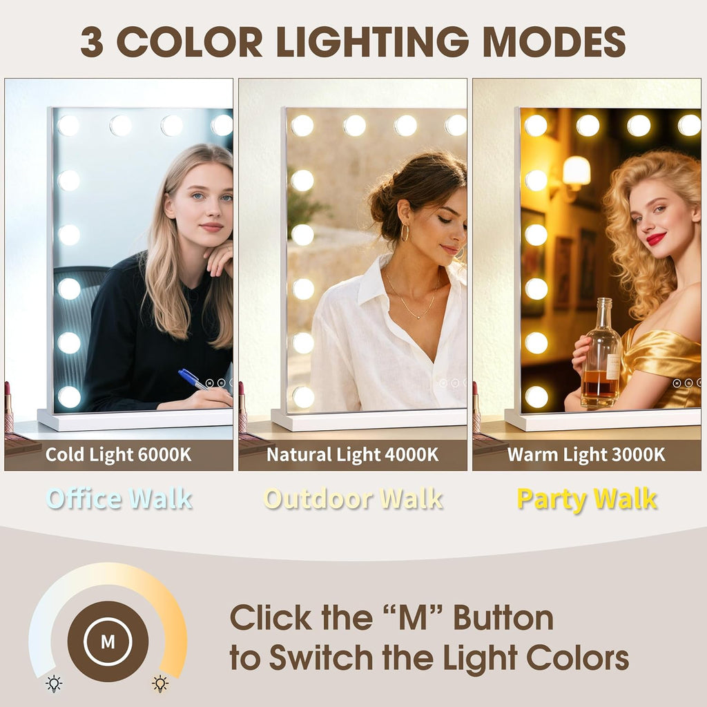 Vanity Mirror with Lights,Makeup Mirror with 17 Dimmable LED Bulbs, 3 Color Lighting Modes Detachable 10X Magnification Mirror Touch Control, 23.6X19,7 Inch, White