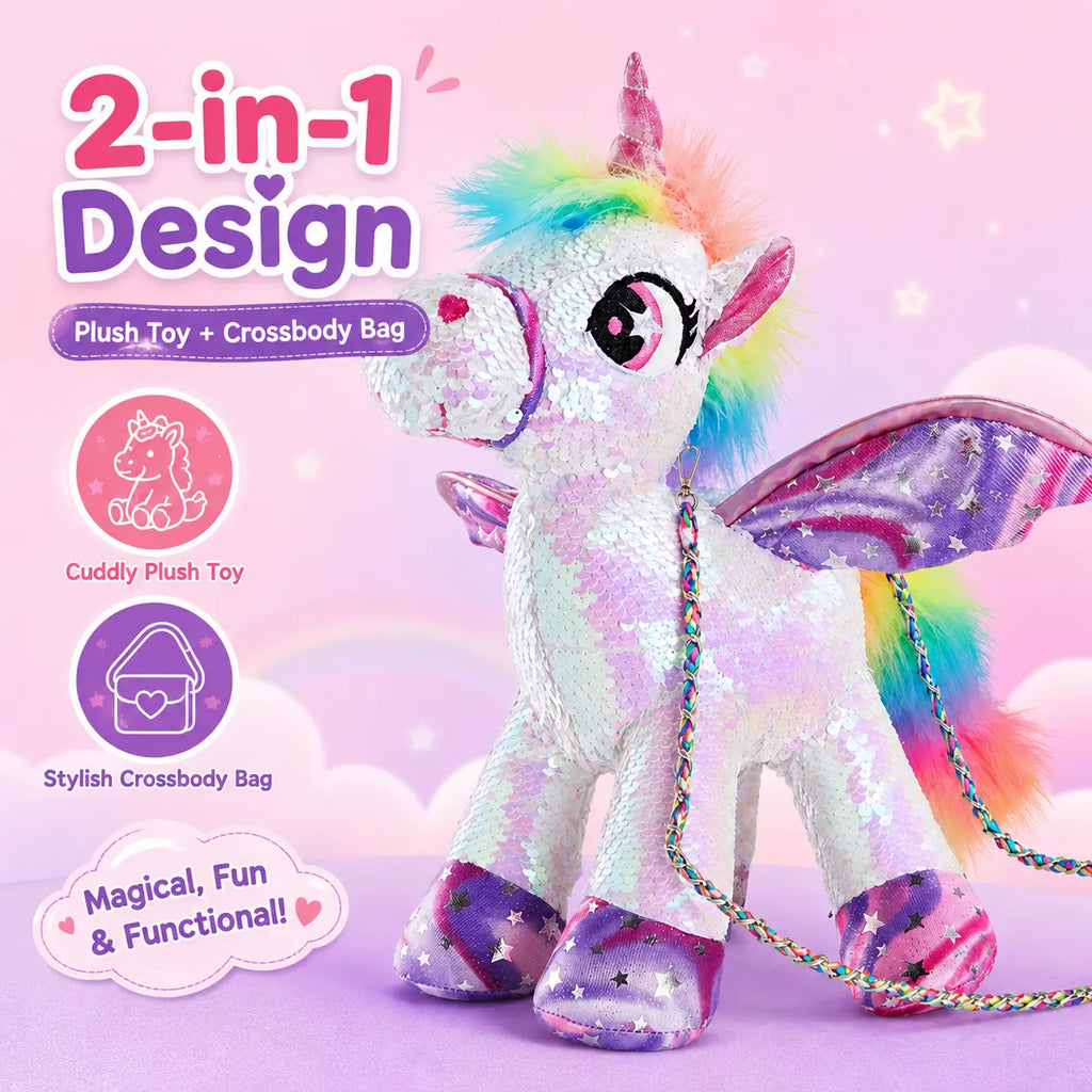 WEWILL 15" Sequin Unicorn Stuffed Animal Toy, Reversible Rainbow Sequin Plush with Hidden Pocket and Crossbody Strap, Gift for Girls