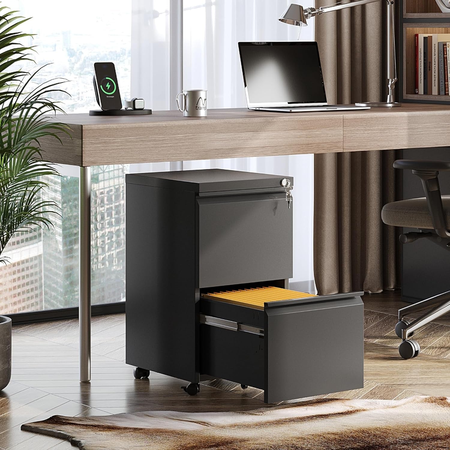 2 Drawer Metal File Cabinet, Fully Assembled Filing Cabinet | under Desk Mobile File Cabinet with Lock for Home Office, Fits Letter/Legal/A4 Size Files, Black