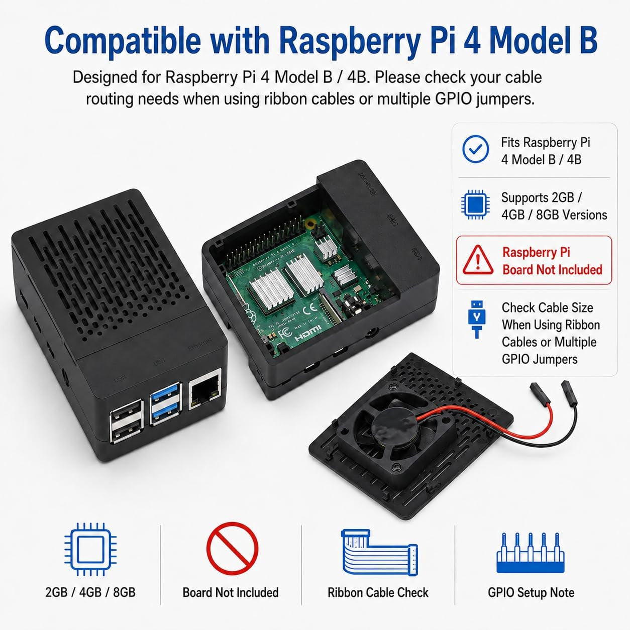 Case for Raspberry Pi 4, ABS Pi 4 Case with Cooling Fan, Pi 4 Heatsink, Simple Removable Top Cover for Pi 4 Model B/ 4B