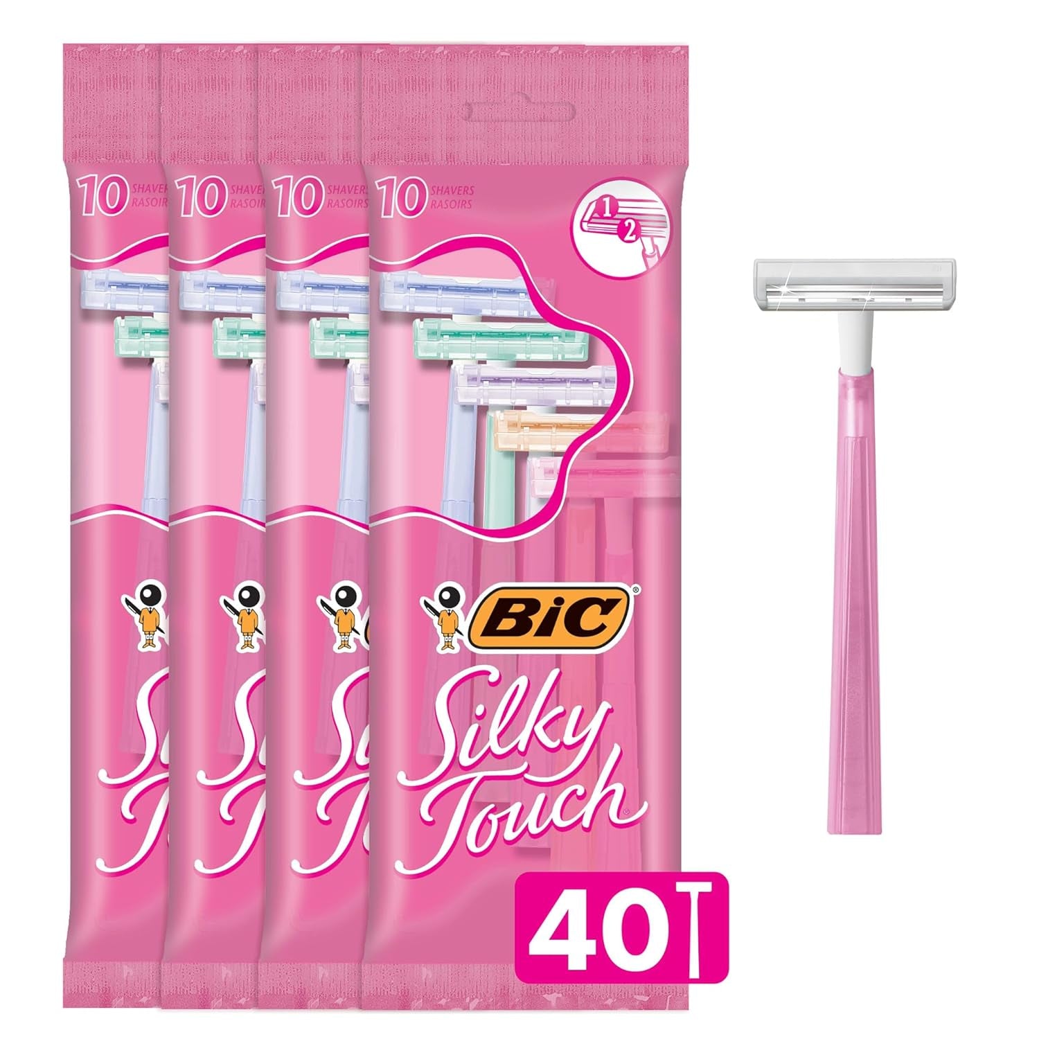 Silky Touch Womens Disposable Razors, 2-Blade, Travel Covers, 40-Pack