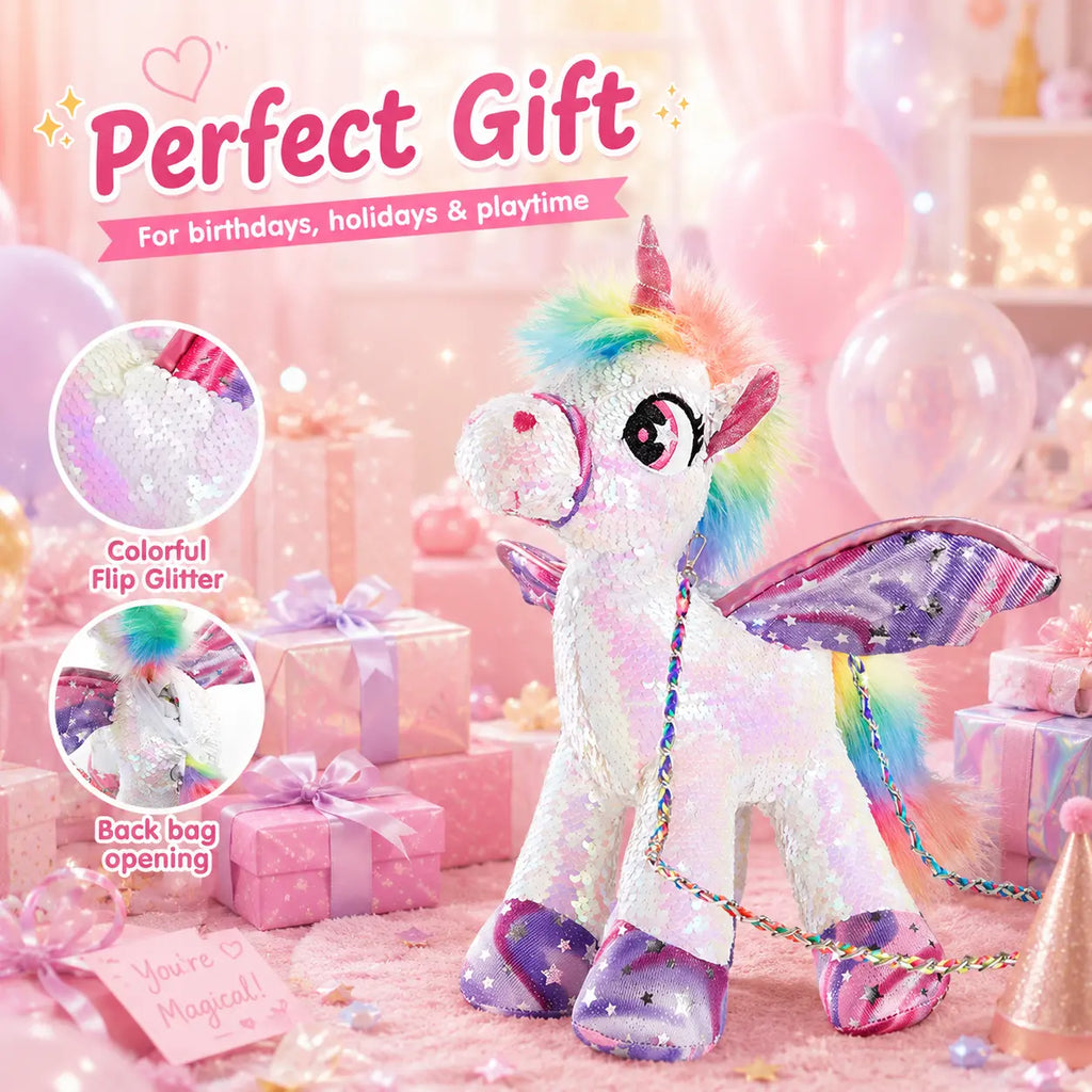 WEWILL 15" Sequin Unicorn Stuffed Animal Toy, Reversible Rainbow Sequin Plush with Hidden Pocket and Crossbody Strap, Gift for Girls
