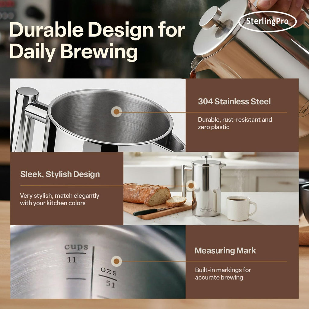 Large Insulated Stainless Steel French Press Coffee Maker 51Oz Capacity (44 Oz Brew Yield) – Double Wall Metal Coffee Press | Plastic Free | Cool-Touch | Mirror Finish | 12 Cups / 6 Mugs