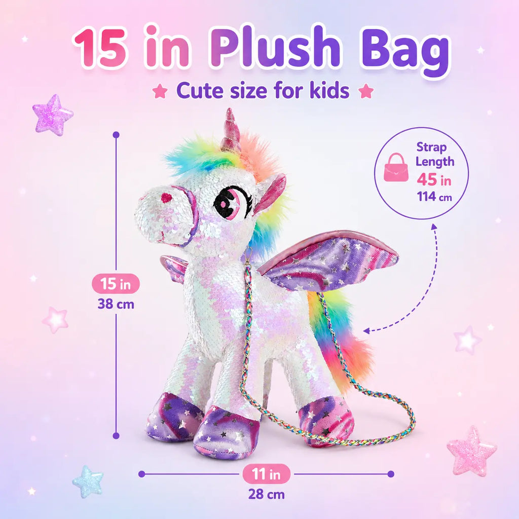 WEWILL 15" Sequin Unicorn Stuffed Animal Toy, Reversible Rainbow Sequin Plush with Hidden Pocket and Crossbody Strap, Gift for Girls