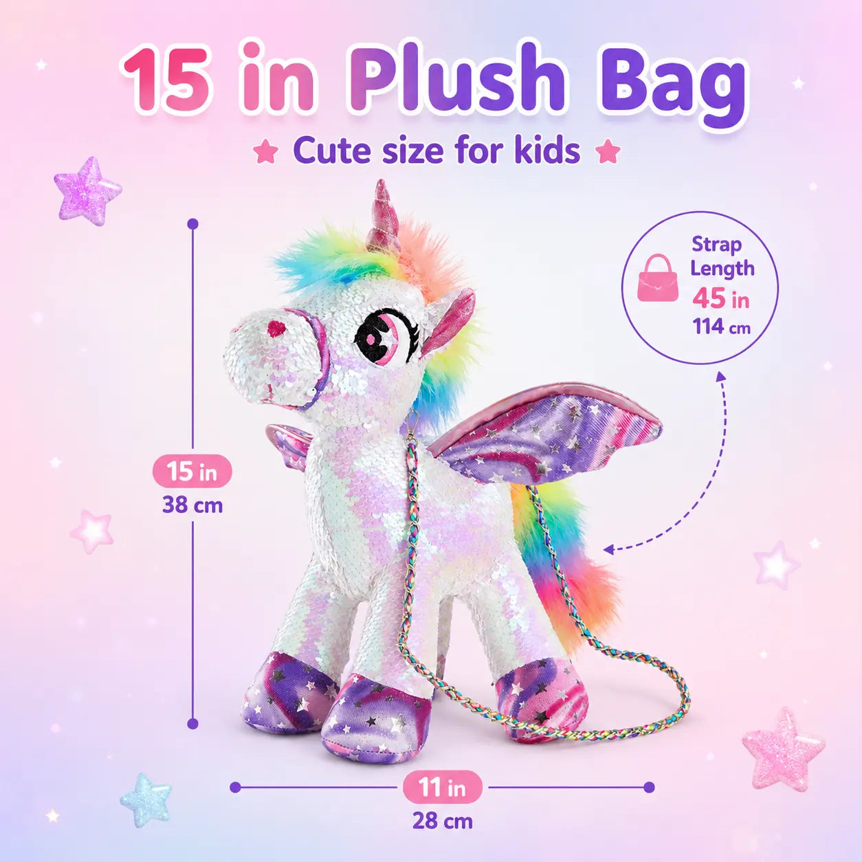 WEWILL 15" Sequin Unicorn Stuffed Animal Toy, Reversible Rainbow Sequin Plush with Hidden Pocket and Crossbody Strap, Gift for Girls