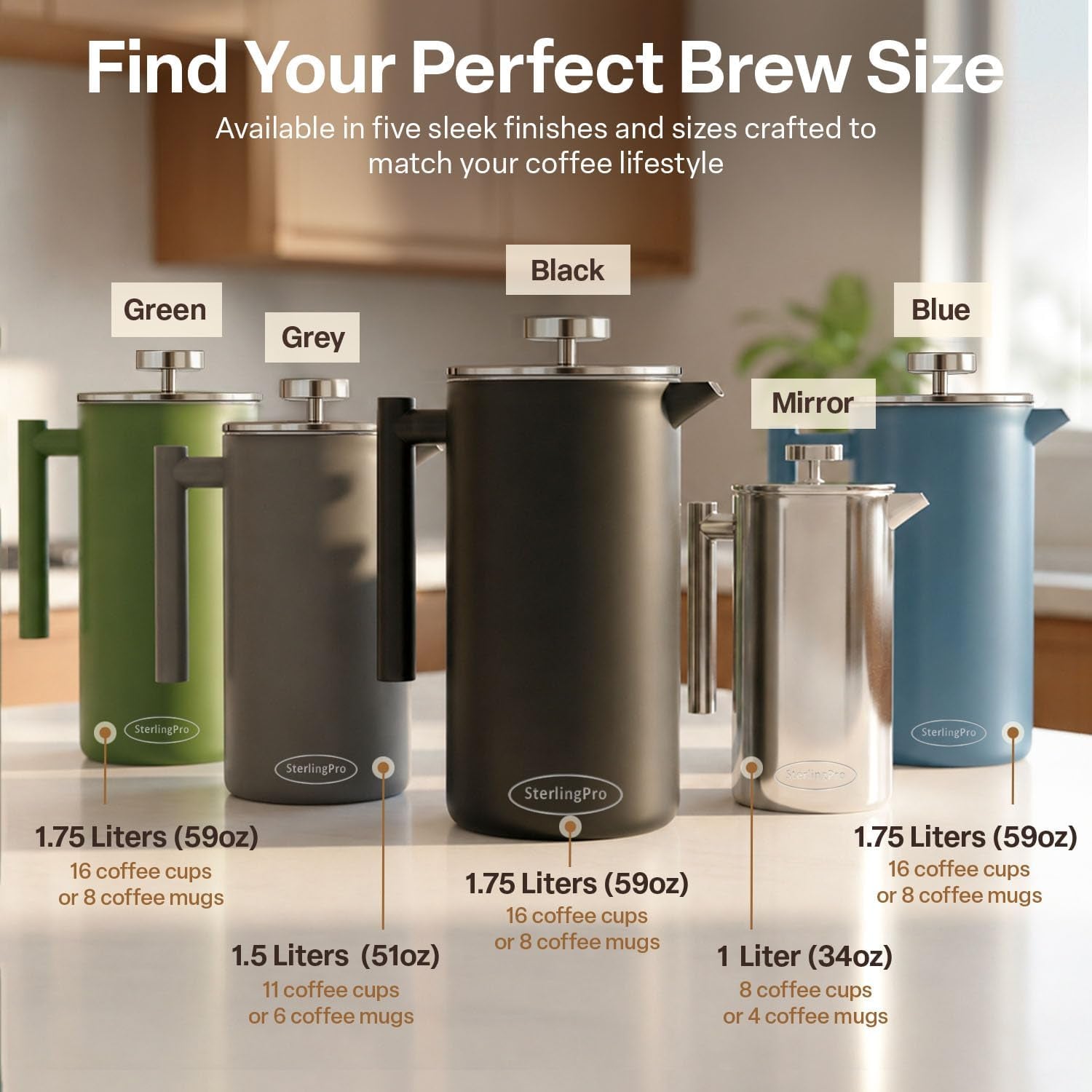 Large Insulated Stainless Steel French Press Coffee Maker 51Oz Capacity (44 Oz Brew Yield) – Double Wall Metal Coffee Press | Plastic Free | Cool-Touch | Mirror Finish | 12 Cups / 6 Mugs