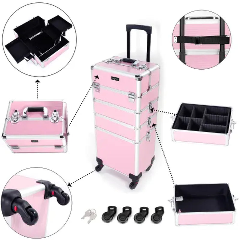 Omysalon 4-In-1 Rolling Makeup Train Case - Travel Cosmetic Bag, Makeup Storage Bag, Lift Handle, 4 Removable Lockable Wheels with Keys, Aluminum Trolley Organizer for Beauty Professionals, Ideal Xmas/New Year Gift