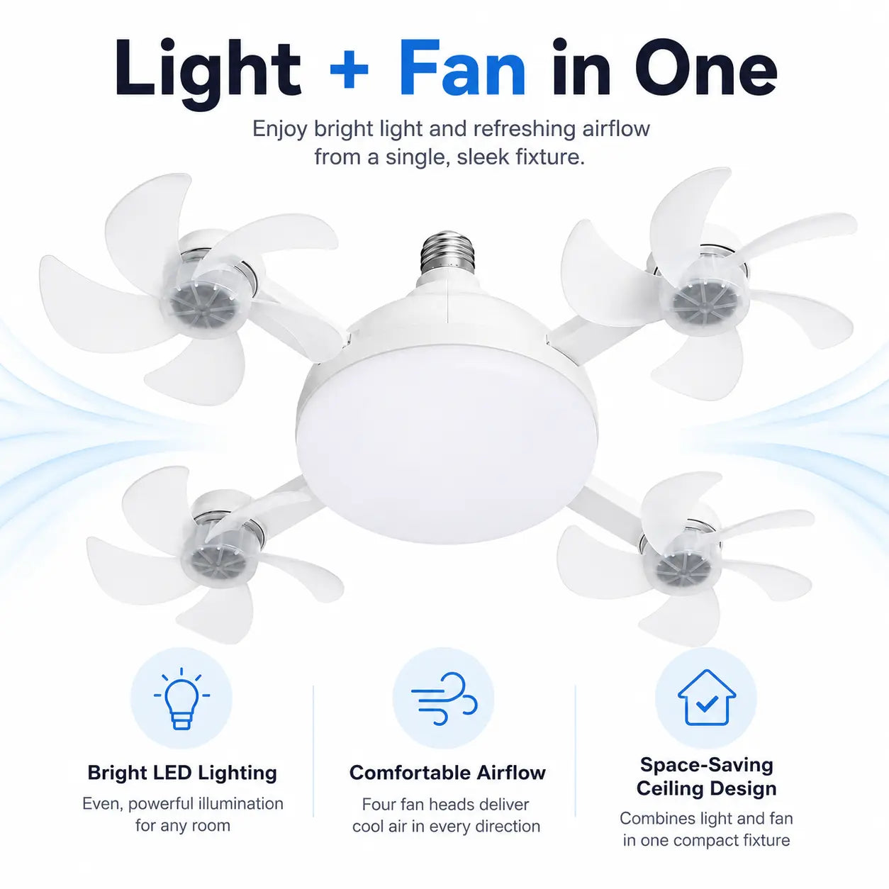 Screw in Ceiling Fan Light with Remote Control 19.7 Inch Foldable LED Socket Fan Light E26 Medium Base Ceiling Fan with 4 Fan Blades Quiet Airflow Bright Lighting Easy Installation for Bedroom Kitchen Garage Office and Dorm