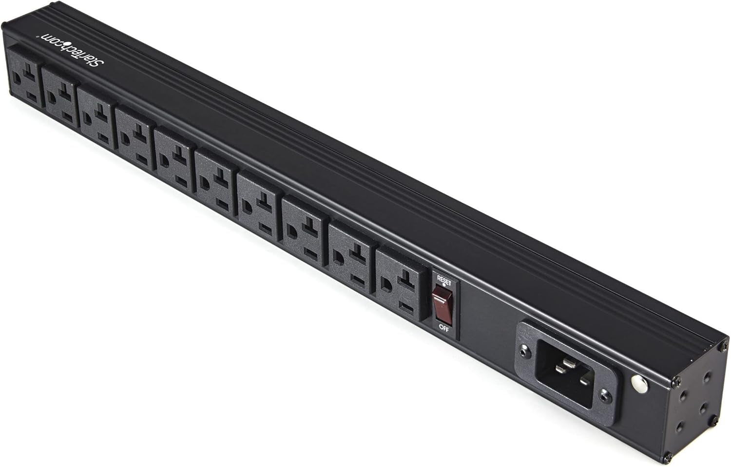 Startech 10-Outlet 1U PDU, 125V/16A, UL, 8Ft Cord, TAA (RKPW101920) | NEMA 5-20P Input, 10X NEMA 5-15/20R Outlets, 20A Breaker, Front Switch, Fits 2-Post and 4-Post Racks