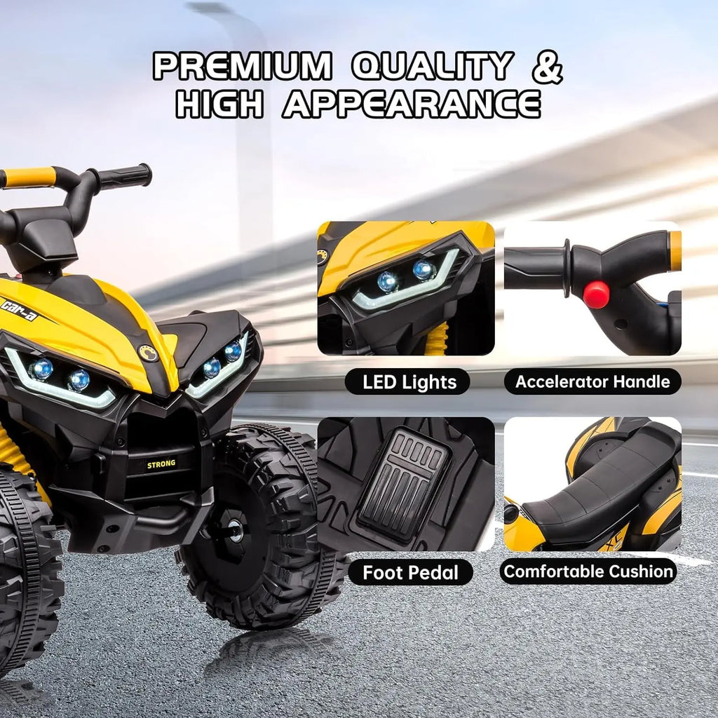 12V Kids Ride on ATV, Electric Battery-Powered Four-Wheeler with Music, Led Lights, Soft Start, USB Port, Treaded Tires, and Adjustable Speed Modes – Ideal for Boys and Girls,Yellow