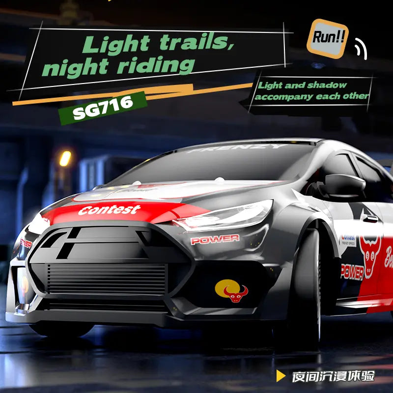 SG716 Unisex 2.4Ghz 4WD RC Controlled Drift Car Toy - Adjustable Speed, LED Lights, Extra Tires, Obstacle Accessories, Built-In Batteries, Nitrosamine Free - RC Hobby Gift for 3-4 Years Old Kids