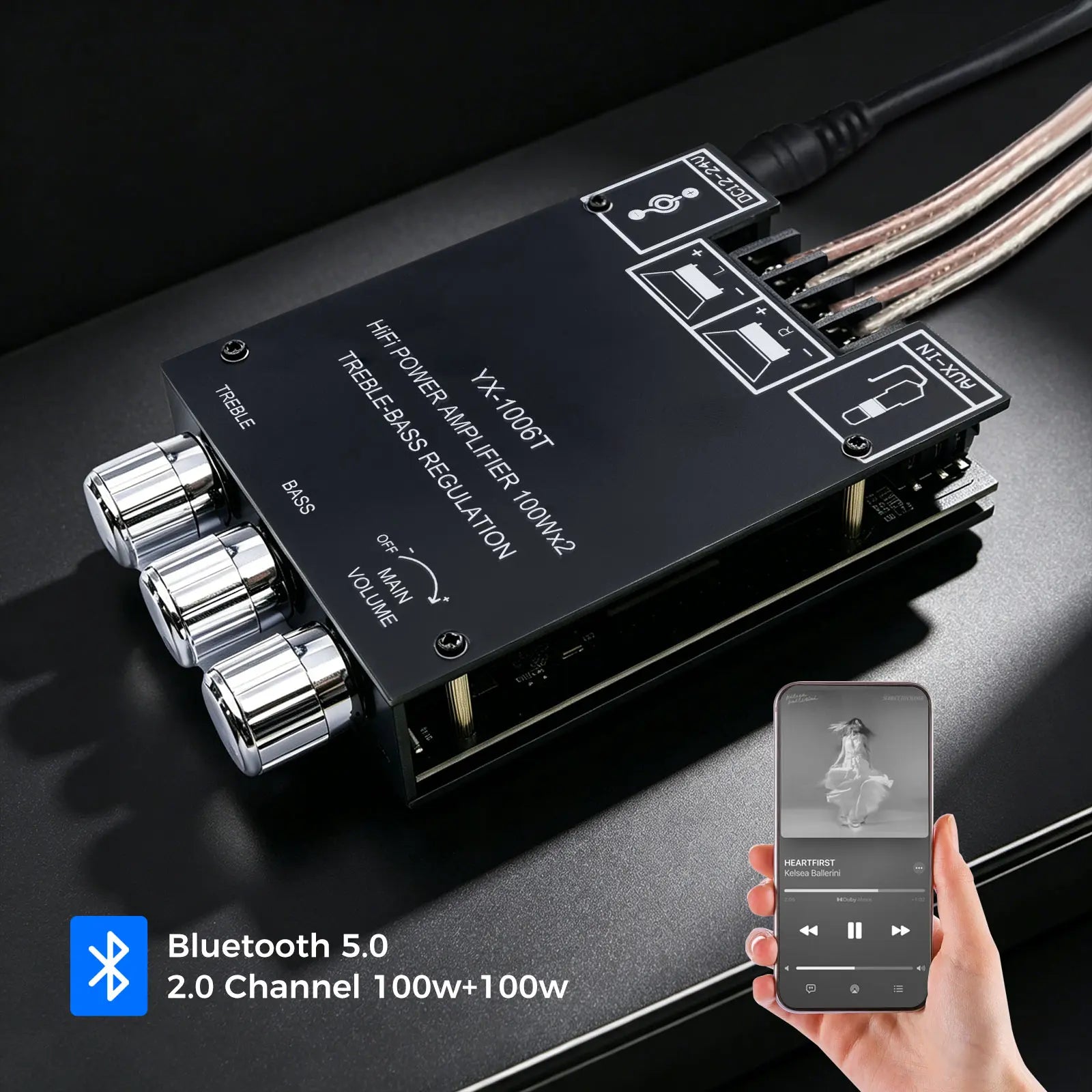 YX-1006T Bluetooth Amplifier Board 2.0CH 100W*2 Mini Audio AMP with Treble and Bass Control, BT and AUX Inputs, DC 12-24V Stereo AMP Module for Home Speakers,Miniamplifier