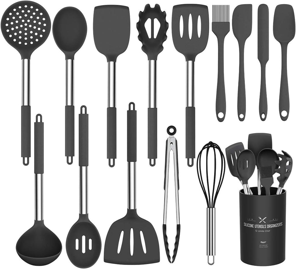 Silicone Cooking Utensil Set,  15Pcs Silicone Cooking Kitchen Utensils Set, Non-Stick - Best Kitchen Cookware with Stainless Steel Handle - Black Kitchen Utensils