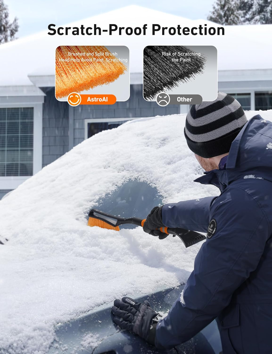 27" 2-In-1 Detachable Snow Brush & Ice Scrapers for Car Windshield | Snow Removers with No-Scratch Bristles, Ergonomic Handles & Easy Storage, Winter Accessories for Cars, Suvs, Trucks (Orange)