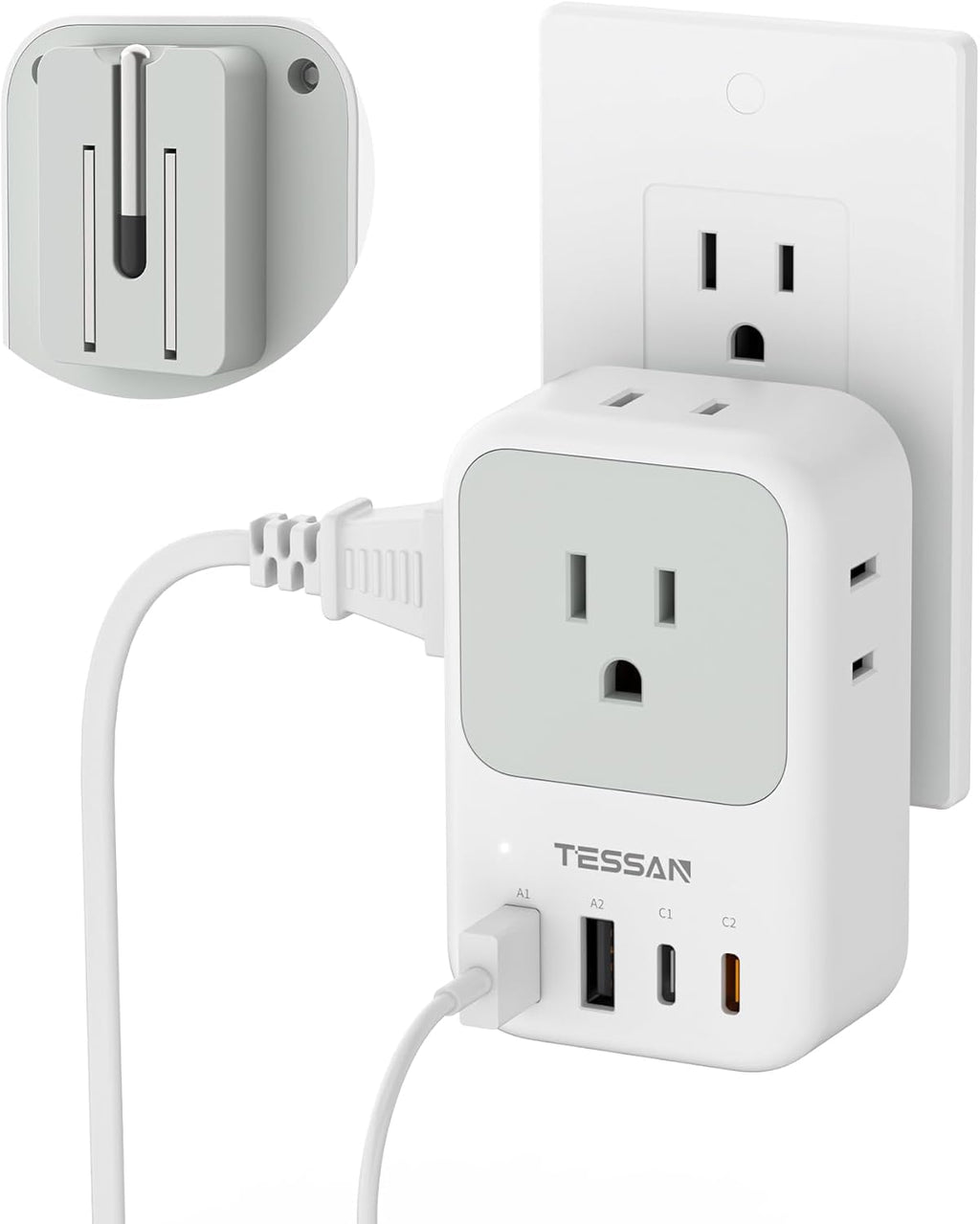 USB C Charger Block 20W PD, Fast Charging Adapter with Foldable Plug | 1875W Power Outlet Extender(4 AC and 4 USB) for Cruise, Home, Office, Dorm Room Essentials, Grey