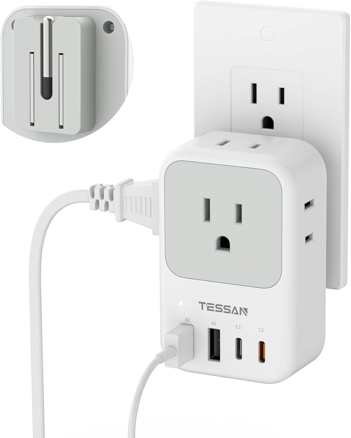 USB C Charger Block 20W PD, Fast Charging Adapter with Foldable Plug | 1875W Power Outlet Extender(4 AC and 4 USB) for Cruise, Home, Office, Dorm Room Essentials, Grey