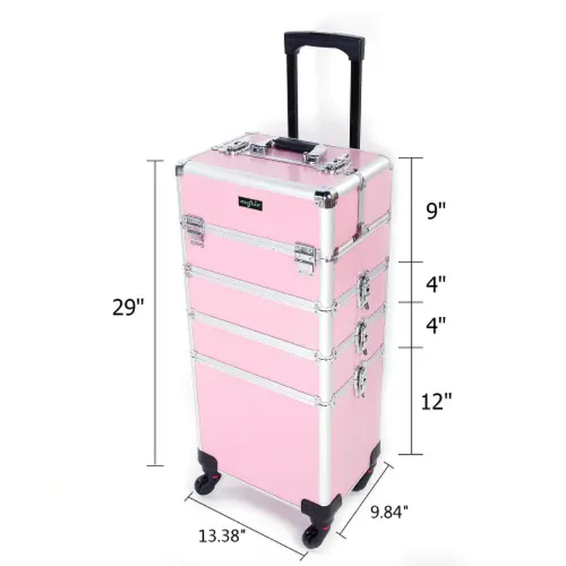 Omysalon 4-In-1 Rolling Makeup Train Case - Travel Cosmetic Bag, Makeup Storage Bag, Lift Handle, 4 Removable Lockable Wheels with Keys, Aluminum Trolley Organizer for Beauty Professionals, Ideal Xmas/New Year Gift