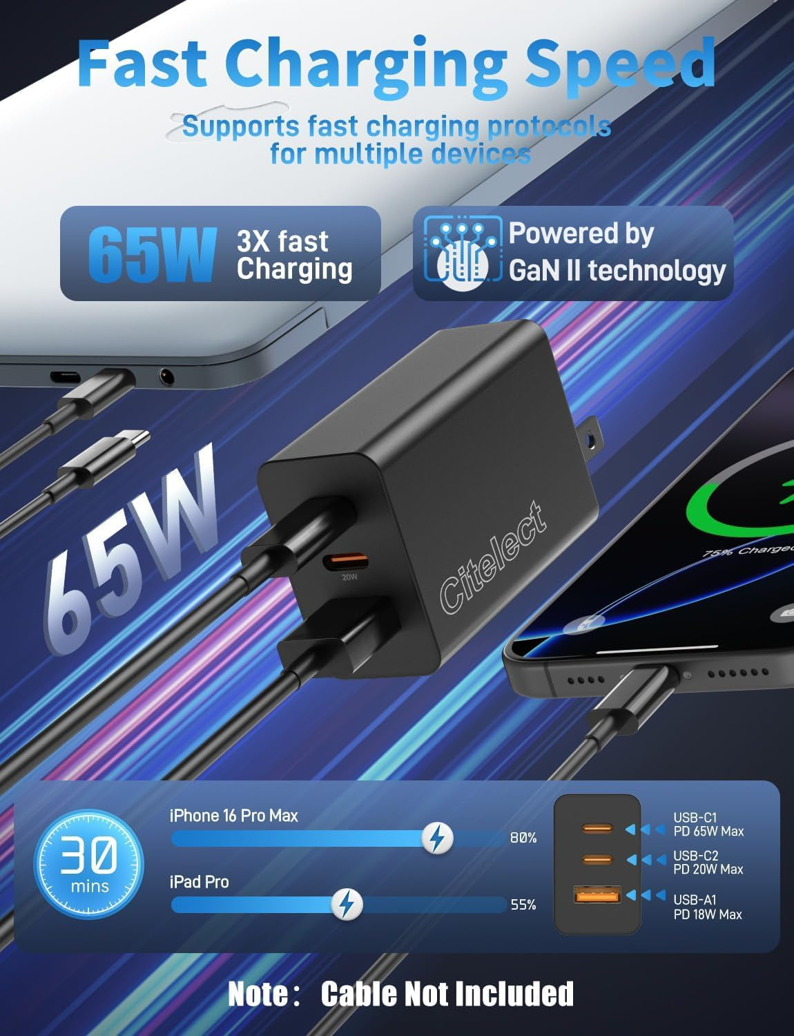 65W USB C Charger Block, 3Port Super Fast Charging Adapter for Samsung S26 | Gan Type-C Charging Block PD/QC 3.0 for Samsung S26/S25/S24, Macbook Pro/Air,Ipad, Iphone 17/16-2Port Usbc+1Port USB a -3Pack