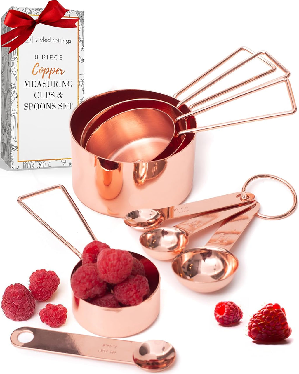 Copper Measuring Cups and Spoons Set, 8-Piece | Stainless Steel, Copper, 8-Piece Stackable Stainless Steel Metal Measuring Utensils, Copper / Rose Gold Kitchen Accessories
