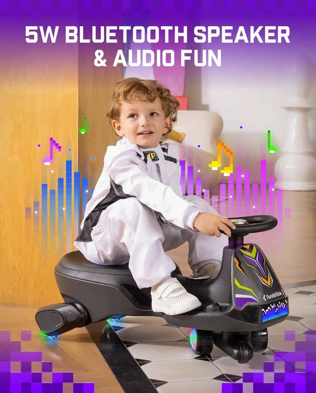 Fanttikride N10 Ultra+ Electric Wiggle Car, Pixel Headlight, App Control, Ultra-Quiet, USB-C Charging, Max 5 Mph, Kids Car with Bluetooth, Anti-Rollover, Pixdrive, for Ages 3+, 150 Lbs, Unisex, 12 Months, 360-Degree Flexible Steering Wheel