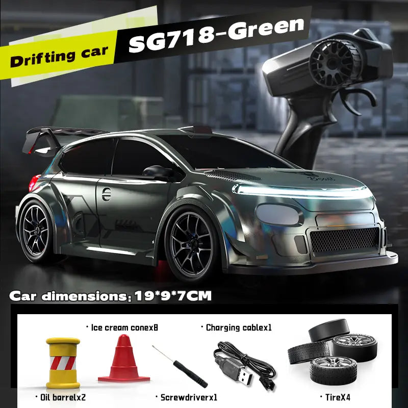 SG716 Unisex 2.4Ghz 4WD RC Controlled Drift Car Toy - Adjustable Speed, LED Lights, Extra Tires, Obstacle Accessories, Built-In Batteries, Nitrosamine Free - RC Hobby Gift for 3-4 Years Old Kids
