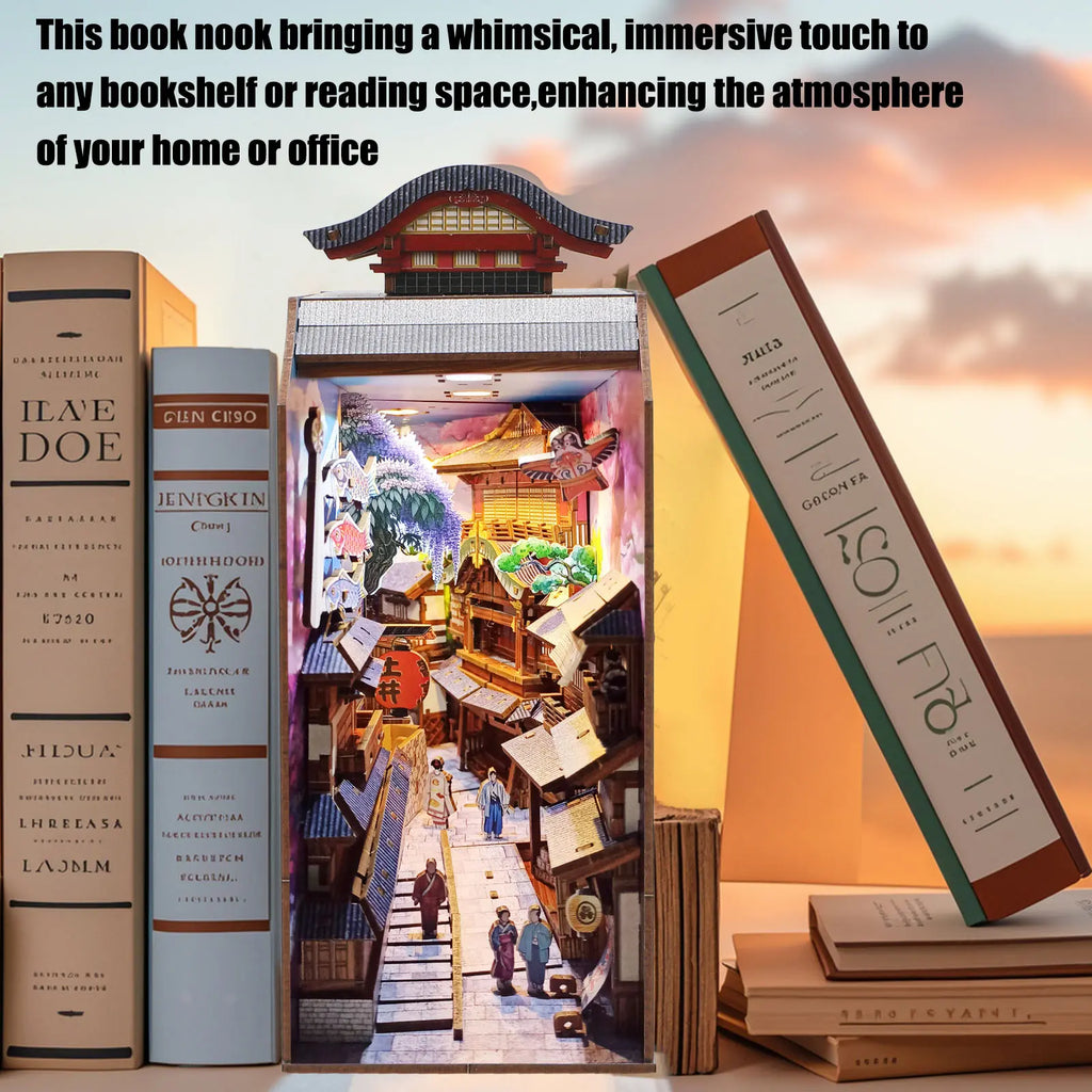 Edo Sakura Journey 3D Wooden Book Nook DIY Kit with LED Lights, High-Quality Pre-Cut Wooden Pieces, Cherry Blossom Bookshelf Insert & Bookend Decoration, Japanese-Inspired House Decor, Collectible for 12+ Years, Birthday Gift (Requires Batteries)