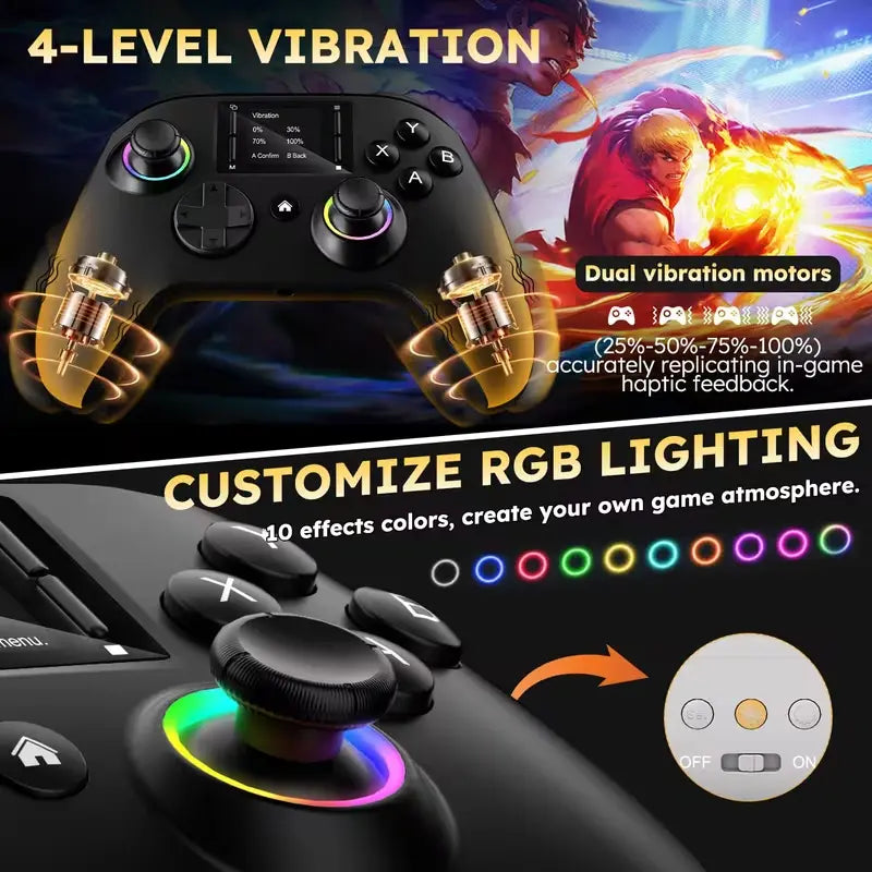 Wireless Interactive Screen Game Controller Compatible with for PC, PS4, Switch, Android, and Ios Devices, Featuring 4 Programmable Buttons, Rapid Fire Function, Six-Axis Gyroscope, Dual Vibration Feedback, and RGB Lighting