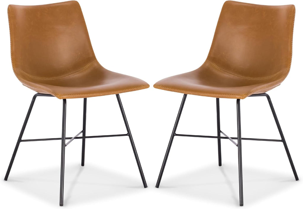 POLY & BARK Paxton Leather Dining Chairs – Set of 2 Modern Dining Room Chairs with Low Back – Faux Leather Upholstery and Matte Black Steel Base – Comfortable Seating for Stylish Interiors – Tan
