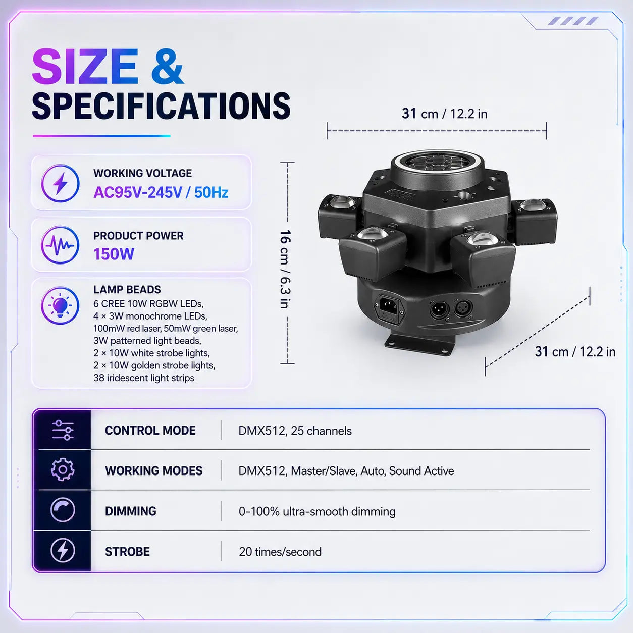 [NEW] XDV 6-Eye 6-Arm 150W RGBW Moving Head Party Light - Sound-Active DJ Light with Red, Green Laser, White, Gold Strobe, Remote Control for Home Parties, Birthdays, Holidays,Halloween Day